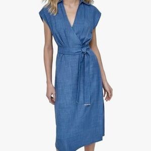 DKNY Blue Wrap-Front Midi Dress with Tie Waist